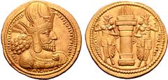 Greek Sasanian Kings, Shapur I AV Dinar. Ctesiphon, AD 260-272. Draped bust right, wearing diadem and mural crown surmounted by a korymbos; one pellet above and two below diadem ties / Fire-altar flan