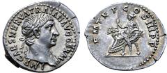 Roman Imperial Trajan AR Denarius. Rome, AD 100. IMP NERVA CAES TRAIAN AVG GERM, laureate head right / P M TR P COS III P P, Abundantia seated left, holding sceptre and fold of drapery over her lap, o