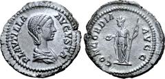 Roman Imperial Plautilla (wife of Caracalla) AR Denarius. Rome, AD 202-205. PLAVTILLA AVGVSTA, draped bust right, hair coiled in ridges and fastened in bun / CONCORDIA AVGG, Concordia standing left, h