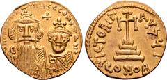 Byzantine Constans II AV Solidus. Constantinopolis, AD 654-659. ∂ N CONSTANTINЧS CONSTANTINЧ, facing busts of Constans, on left with long beard, and Constantine IV, beardless, each wearing crown and c