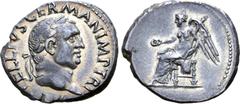 Roman Imperial Vitellius AR Denarius. Rome, late April - 20 December AD 69. A VITELLIVS GERMAN IMP TR P, laureate head right / Victory seated to left, holding patera in her extended right hand, cradli
