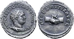 Roman Imperial Balbinus AR Antoninianus. Rome, AD 238. IMP CAES D CAEL BALBINVS AVG, radiate, draped and cuirassed bust right / PIETAS MVTVA AVGG, clasped right hands. RIC 12; BMCRE 74-76; RSC 17. 4.4