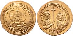 Byzantine Basil II Bulgaroktonos, with Constantine VIII, AV Histamenon Nomisma. Constantinople, AD 1005-1025. + IҺS XIS RЄX RЄGNANTIҺM, bust of Christ facing, wearing nimbus with crescents in upper qu