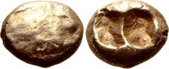 Greek Lydia or Ionia, uncertain mint EL Hekte - 1/6 Stater. Circa 600-560 BC. Lydo-Milesian Standard. Linear outline of conjoined, roaring lions' heads; all on raised square frame / Double incuse punc