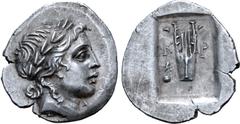 Greek Lykian League, Kragos AR Hemidrachm. Circa 35-27 BC. Laureate head of Apollo right, [Λ behind, Y before] / Kithara of three strings, K-P across upper fields, uncertain symbol in lower left field