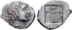 Greek Lykian League, Masikytes AR Hemidrachm. Circa 42 BC. Laureate head of Apollo right / Kithara of three strings, M-A across upper fields, branch in lower right field; all within shallow incuse squ