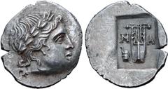 Greek Lykian League, Masikytes AR Hemidrachm. Circa 39-35 BC. Laureate head of Apollo right / Kithara of three strings, M-A across upper fields, serpent coiled around omphalos in left field; all withi