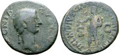 Roman Imperial Antonia (mother of Claudius I) Ӕ Dupondius. Rome, AD 50-54. ANTONIA AVGVSTA, draped bust right / TI CLAVDIVS CAESAR AVG P M TR P IMP P P, Claudius veiled and togate, standing left, hold