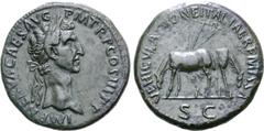 Roman Imperial Nerva Æ Sestertius. Rome, AD 97. IMP NERVA CAES AVG P M TR P COS III P P, laureate head right / VEHICVLATIONE ITALIAE REMISSA, two horses grazing in opposite directions; yoke behind; SC
