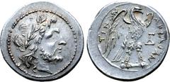 Greek Sicily, Akragas AR Drachm or Half-Shekel. Punic occupation, circa 213-210 BC. Laureate head of Zeus right / Eagle standing facing, with wings spread and head right; ΓΔ monogram in right field, A