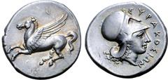 Greek Sicily, Syracuse AR Stater. Time of Timoleon and the Third Democracy, circa 341-335 BC. Pegasos flying left / Helmeted head of Athena right; ΣYPAKOΣIΩN before. Pegasi II, p. 607, 2; SNG ANS 499.