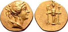 Greek Ionia, Ephesos AV Stater. Circa 155-140 BC. Draped bust of Artemis right, wearing stephane, and with bow and quiver over shoulder / Cult statue of the Artemis of Ephesos facing, a fillet hanging