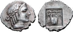 Greek Lykian League, Masikytes AR Hemidrachm. 2nd - 1st century BC. Laureate head of Apollo right, Λ behind, Y before / Kithara of four strings, M-A across upper fields, filleted branch in lower left 