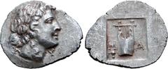 Greek Lykian League, Masikytes AR Hemidrachm. Circa 48-42 BC. Laureate head of Apollo right; Λ behind, Y in front / Kithara of three strings, M-A across lower fields, plectrum below on left; all withi