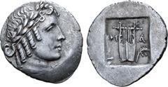 Greek Lykian League, Masikytes AR Hemidrachm. Circa 42 BC. Laureate head of Apollo right / Kithara of five strings, M-A across upper fields, branch in lower right field; all within shallow incuse squa
