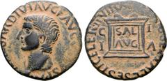 Roman Provincial Tiberius Æ As of Ilici, Spain. AD 14-37. M. Iulius Settal and L. Sestius Celer, duoviri. TI CAESAR DIVI AVG F AVGVSTVS P M, bare head left / M IVLIVS SETTAL L SESTI CELER II VIR, alta