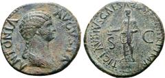Roman Imperial Antonia II (mother of Claudius I) Ӕ Dupondius. Rome, AD 50-54. ANTONIA AVGVSTA, draped bust right / TI CLAVDIVS CAESAR AVG P M TR P IMP P P, Claudius, veiled, togate and holding simpulu