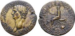 Roman Imperial Nero Claudius Drusus (father of Claudius I) Æ Sestertius. Rome, AD 42-43. NERO CLAVDIVS DRVSVS GERMANICVS IMP, bare head left / TI CLAVDIVS CAESAR AVG P M TR P IMP P P, Claudius, togate