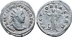 Roman Imperial Gallienus BI Antoninianus. Rome, AD 256-257. IMP GALLIENVS P F AVG GERM, radiate and cuirassed bust right / VICTORIA GERM, Victory standing left, holding wreath and palm; captive at fee