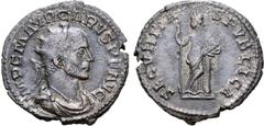Roman Imperial Carus AR Radiate. Lugdunum, AD 282-283. IMP C M AVR CARVS P F AVG, radiate, draped, and cuirassed bust right / SECVRITAS PVBLICA, Securitas standing left, leaning on column, holding spe