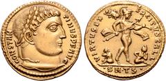 Roman Imperial Constantine I AV Solidus. Thessalonica, AD 317. CONSTANTINVS P F AVG, laureate head right / VIRTVS EXERCITVS GALL, Mars walking right, carrying spear and trophy, chlamys over left shoul