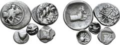 Large Lots Lot of 5 Greek Silver Coins, Ex Roma E-Sale 12. 1. Thessaly, Trikka AR Hemidrachm. Circa 440-400 BC. Youthful hero, Thessalos, naked but for cloak and petasos over his shoulders, holding a 