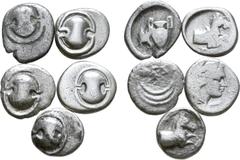 Large Lots Lot of 5 Greek AR Coins, Ex Roma E-Sale 12. 1. Boiotia, Pharai AR Obol. 4th century BC. Boiotian shield / Amphora; Φ–Α across fields. Head Boiotia p. 50; BCD Boiotia 234. 0.81g, 11mm. Very 