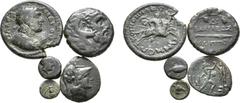 Large Lots Lot of 5 Greek Æ Coins, Ex Roma E-Sale 12. 1. Kingdom of Macedon, Antigonos II Gonatas Æ19. Amphipolis, circa 271-239 BC. Helmeted head of Athena right, countermarked / B-A, Pan erecting tr