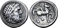 The Prof. Hermann Lanz Collection Celts in Eastern Europe AR Tetradrachm. Unfaithful legend type. Imitating Philip II of Macedon. Circa 3rd century BC. Laureate head of Zeus to right / Rider on horseb