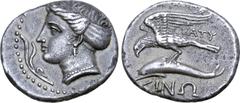The William Stancomb Collection Paphlagonia, Sinope AR Drachm. Circa 330-300 BC. Saty-, magistrate. Head of nymph Sinope left, wearing triple-pendant earring, necklace and sakkos; aphlaston before / E