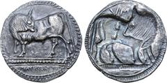 Greek Lucania, Sybaris AR Stater. Circa 525-514 BC. Bull standing left, head reverted; MVBAPITAM retrograde in exergue / Incuse bull standing right, head reverted; above, MV (retrograde). For the only