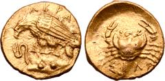 Greek Sicily, Akragas AV 2 Litrai - Diobol. Emergency issue, circa 406 BC. Eagle with closed wings perching on rock to right, tearing at serpent; AKPA above, two pellets (mark of value) on rock / Crab