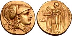 Greek Kingdom of Macedon, Alexander III 'the Great' AV Stater. Lampsakos, circa 328-323 BC. Head of Athena right, wearing Corinthian helmet decorated with serpent on the bowl / Nike standing left, hol