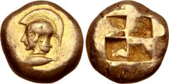 Greek Mysia, Kyzikos EL Stater. Circa 550-500 BC. Head of Athena left, wearing crested Attic helmet, base of crest decorated with zig-zag and pellet pattern; tunny to left below / Quadripartite incuse