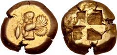 Greek Mysia, Kyzikos EL Stater. Circa 550-500 BC. Half-length bust of Kore-Persephone to left, wearing kekryphalos headdress, round earring and long-sleeved chiton, in her right hand holding a tunny f