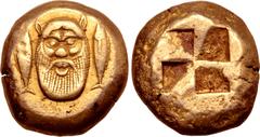 Greek Mysia, Kyzikos EL Stater. Circa 500-450 BC. Head of Silenos facing; tunny fish upward to either side / Quadripartite incuse square. CNG 75, 23 May 2007, lot 336; cf. Von Fritze 77 (fractions); S