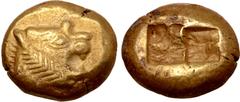 Greek Kingdom of Lydia, Alyattes EL Trite. Sardes, circa 610-546 BC. Head of roaring lion right, sunburst with multiple rays on forehead / Two incuse square punches. Traité II/1, 44, pl. II, 6; BMC Ly