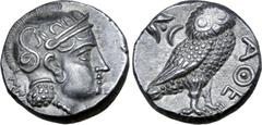 Greek Baktria, 'Athenian Series' AR Didrachm. Uncertain mint in the Oxus region, circa 261-239/8 BC. Attic standard. Head of Athena right, wearing earring, necklace, and crested Attic helmet decorated