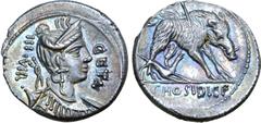 Roman Republic C. Hosidius C. f. Geta AR Denarius. Rome, 68 BC. Draped bust of Diana right, wearing stephane, earring, and necklace, and with bow and quiver over shoulder; III VIR downwards to left, G
