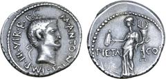 Roman Imperatorial Marc Antony AR Denarius. Military mint moving with Antony, 41 BC. Bare head right, lituus behind, M•ANTONIVS•IMP•III•VIR•R•P•C• around / Pietas standing left, holding turibulum and 