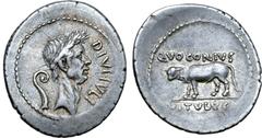 Roman Imperatorial Julius Caesar AR Denarius. Rome, 40 BC. Q. Voconius Vitulus, moneyer. Laureate head of Caesar right; DIVI•IVLI downwards before, lituus behind / Bull-calf walking left; Q•VOCONIVS a