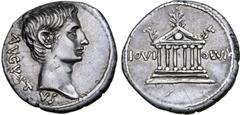 Roman Imperial Augustus AR Denarius. North Peloponnesian mint, circa 21 BC. AVGVSTVS, bare head right / IOVI OLVM, Hexastyle temple of Zeus at Olympia, seen from front, round shield in pediment and pa