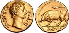 Roman Imperial Augustus AV Aureus. Lugdunum, 15-13 BC. AVGVSTVS DIVI F, bare head right / Bull charging to left; IMP X in exergue. RIC 168; C. 140; Bahrfeldt 203; BMCRE 457; BN 1388; Calicó 214 (this 