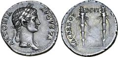 Roman Imperial Antonia Minor (mother of Claudius) AR Denarius. Rome, AD 41-45. ANTONIA AVGVSTA, draped bust right, wearing crown of corn-ears, hair in long plait behind / SACERDOS DIVI AVGVSTI, two ve