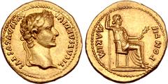 Roman Imperial Tiberius AV Aureus. Lugdunum, AD 14-37. TI CAESAR DIVI AVG F AVGVSTVS, laureate head right / PONTIF MAXIM, Livia as Pax seated to right on throne with plain legs, holding branch and sce