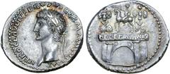 Roman Imperial Nero Claudius Drusus (father of Claudius) AR Denarius. Rome, AD 41-45. NERO CLAVDIVS DRVSVS GERMANICVS IMP, laureate head left / Triumphal arch surmounted by equestrian statue to left b