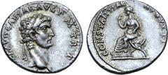 Roman Imperial Claudius AR Denarius. Rome, AD 41-42. TI•CLAVD•CAESAR•AVG•P•M•TR•P•, head of Claudius to right, wearing oak wreath / CONSTANTIAE AVGVSTI, Antonia (or Tacita or Angerona) seated to left 