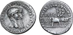 Roman Imperial Nero, with Agrippina II, AR Denarius. Rome, AD 55. NERO CLAVD DIVI F CAES AVG GERM IMP TR P COS, jugate busts right of Nero, bareheaded with slight drapery over shoulder, and of Agrippi
