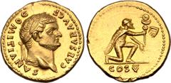 Roman Imperial Domitian, as Caesar, AV Aureus. Rome, AD 77-78. CAESAR AVG F DOMITIANVS, laureate head right / Captive kneeling to right, offering up standard with vexillum; COS V in exergue. RIC (Vesp