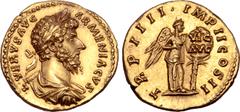 Roman Imperial Lucius Verus AV Aureus. Rome, AD 164. L VERVS AVG ARMENIACVS, laureate, draped and cuirassed bust right / TR P IIII IMP II COS II, Victory, naked to waist, standing right, holding writi